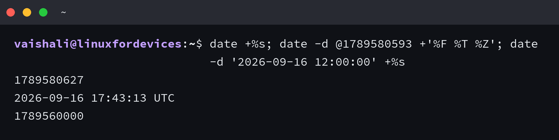 Epoch seconds read from the clock and converted back into a readable date