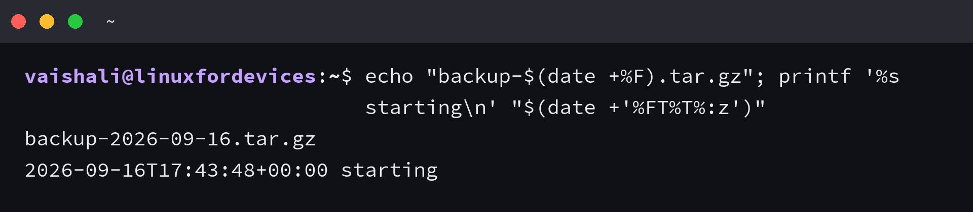 An archive file name and a log line built from one date command substitution