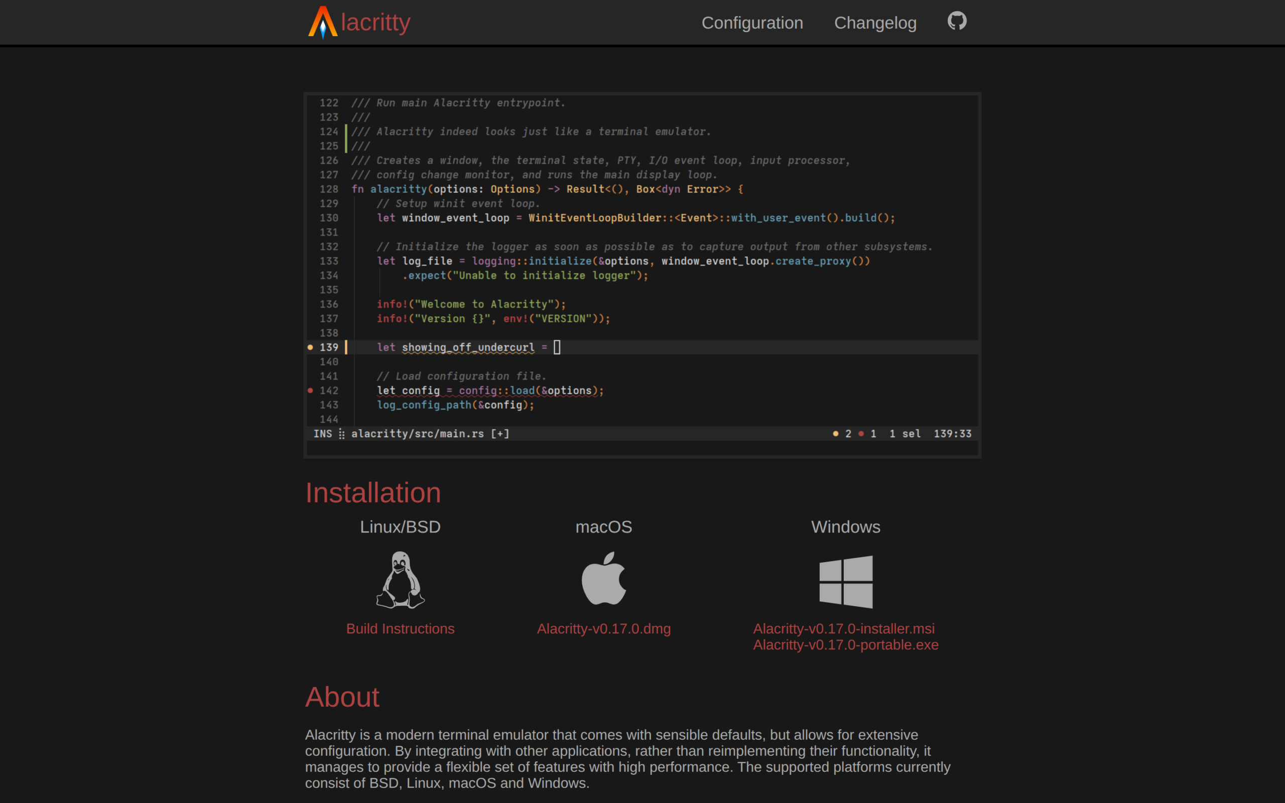 Alacritty official page showing a terminal running a code editor