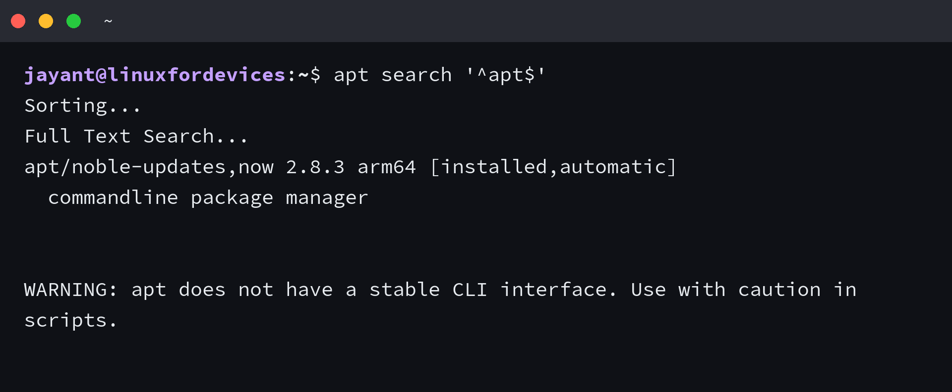 Terminal output from apt search showing the apt package in the package index