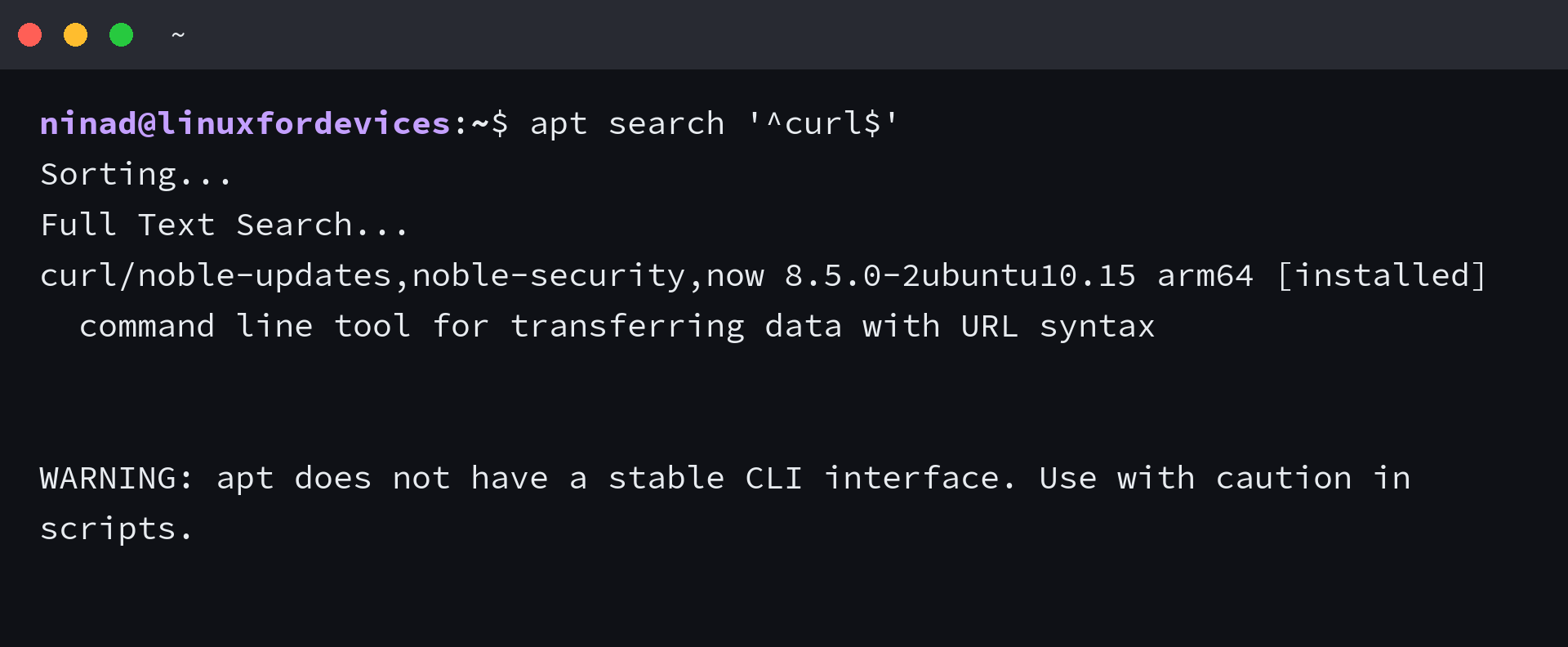 apt search '^curl$' output showing a package version, repository labels, architecture, installed status, and description