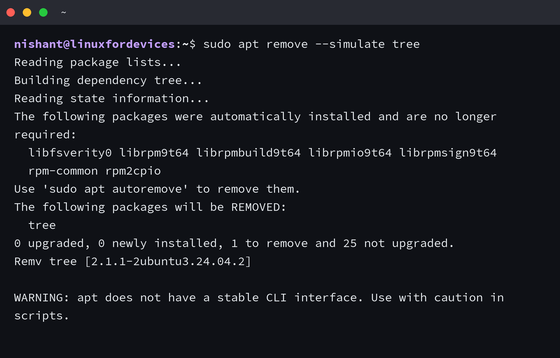 APT simulation preview shows tree as the package to remove and lists auto-removable dependencies separately.