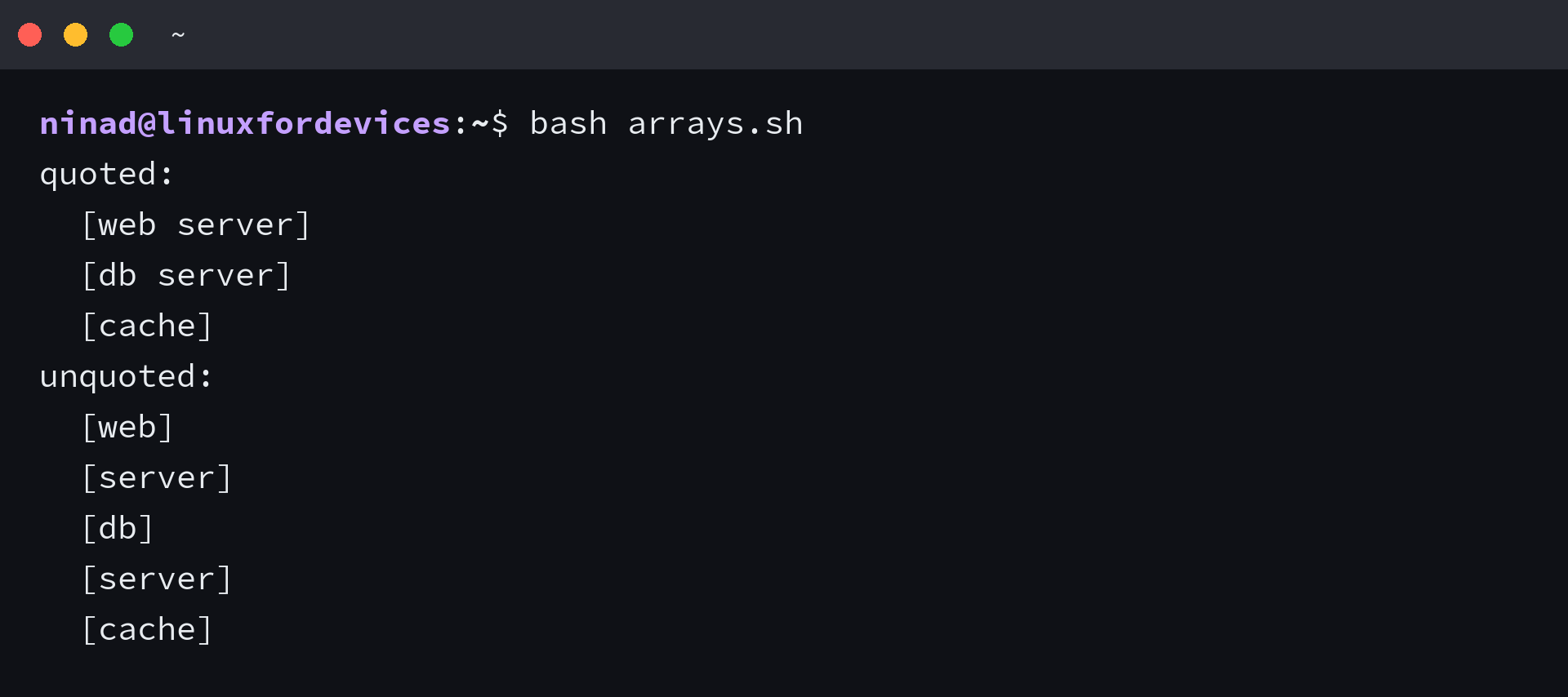 Terminal comparing a quoted and an unquoted array expansion in a bash for loop