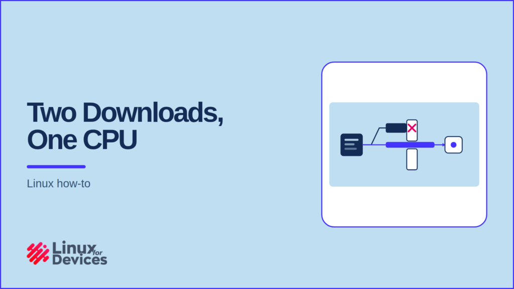 Featured banner showing one download source splitting into two builds, one blocked by an architecture gate