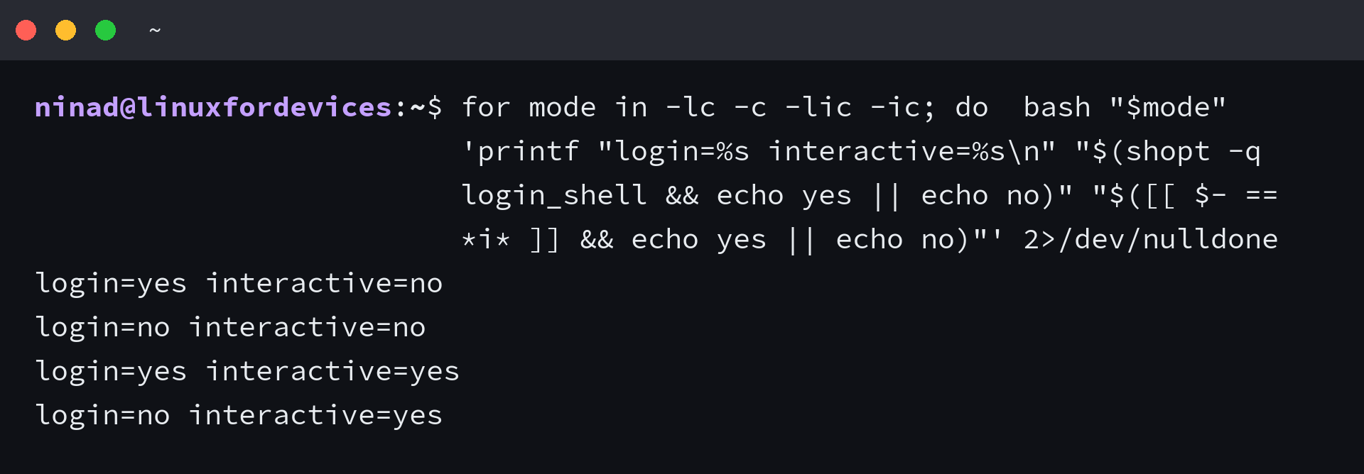 Bash shell mode check showing login and interactive flags