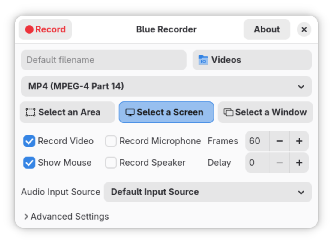 Blue Recorder setup with screen, window or area selection and audio inputs