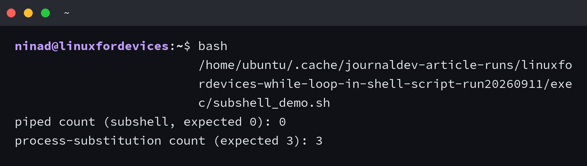 Subshell trap demo showing piped count 0 versus process substitution 3