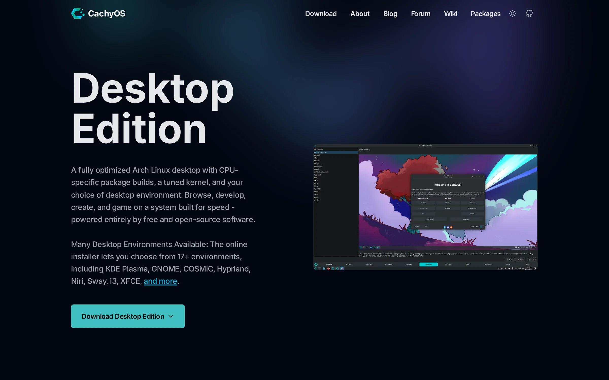CachyOS Desktop Edition page with its desktop-choice description and download button