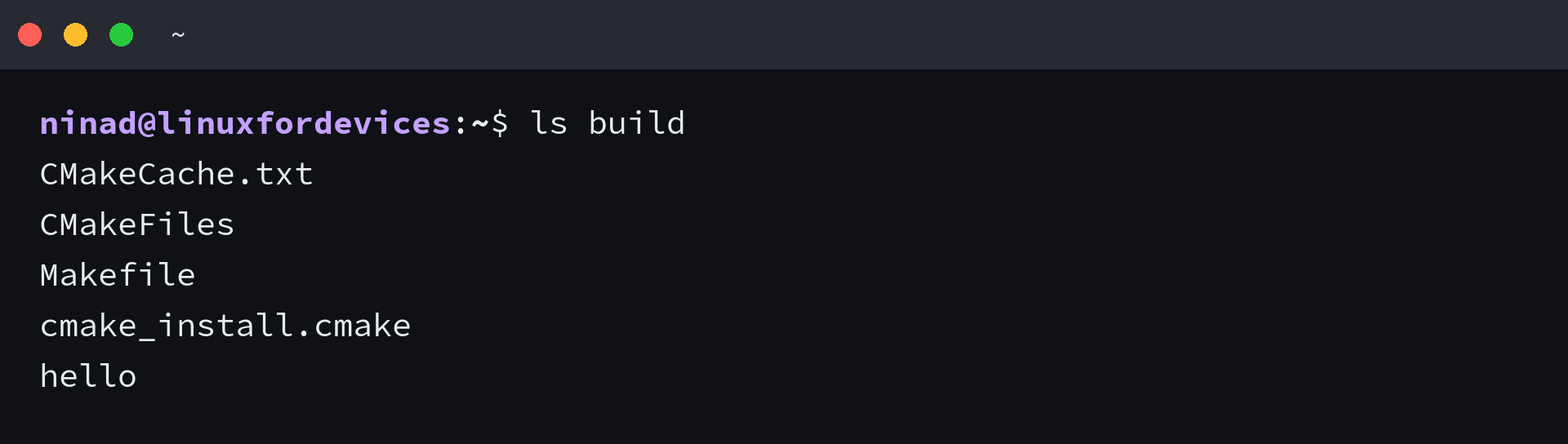 CMake build directory contents with CMakeCache.txt, CMakeFiles, Makefile, cmake_install.cmake, and hello