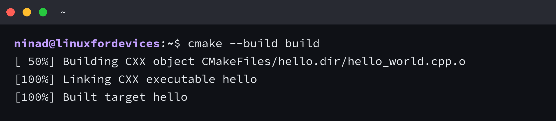 CMake compiles hello_world.cpp and links the hello target