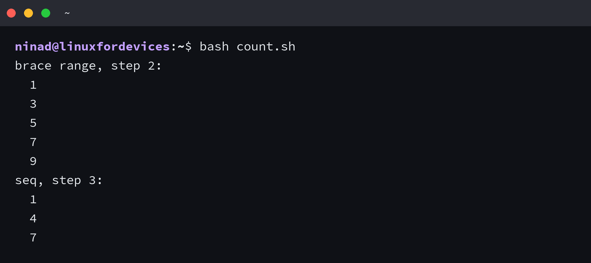 Terminal output of a bash for loop over a brace range with a step of 2 and a seq range with a step of 3