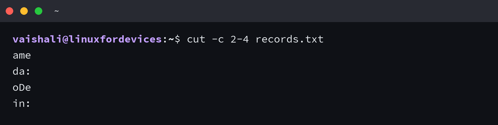 Output from cut -c 2-4 records.txt