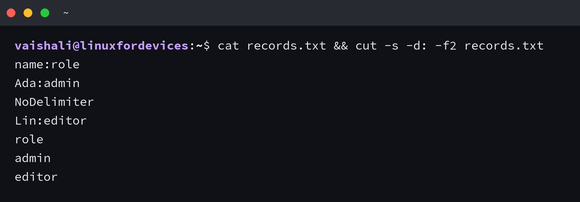 cut -s suppresses the undelimited record