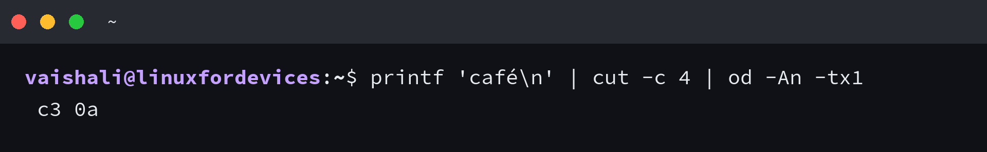 Hex output showing cut -c 4 returns C3 and newline bytes
