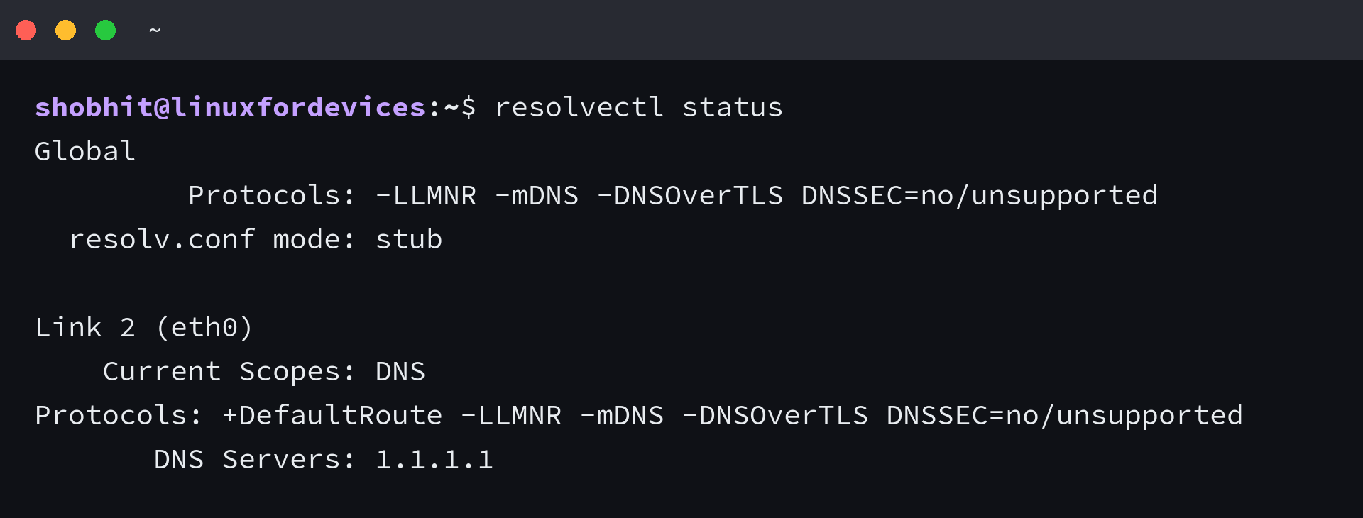 resolvectl status showing the DNS server the active link is using