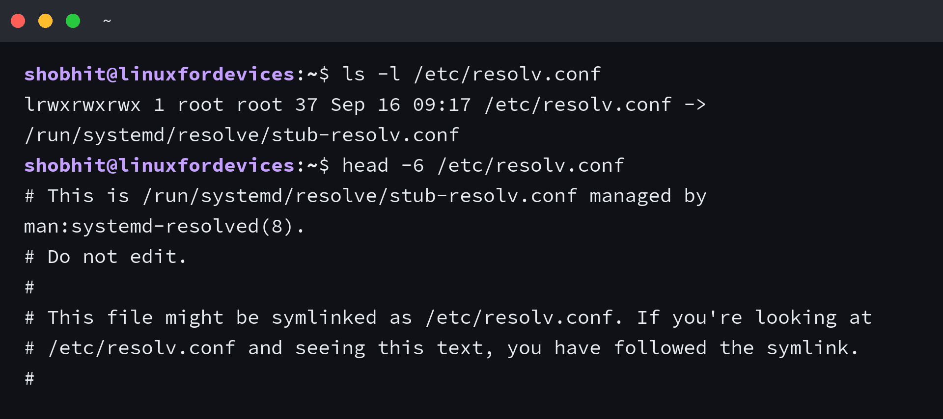 resolv.conf shown as a symlink into the run directory