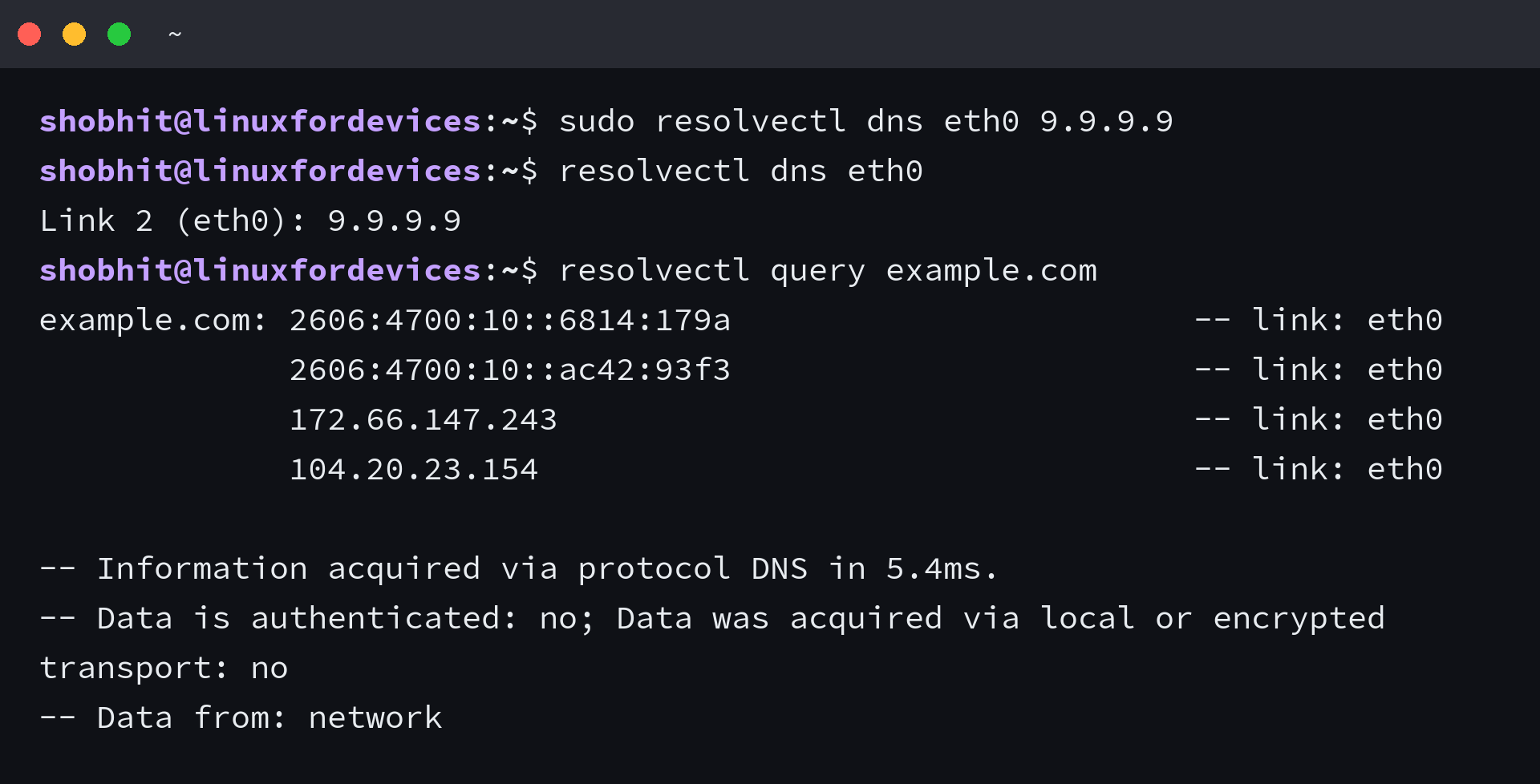 resolvectl dns setting 9.9.9.9 on eth0, the read-back, and the query that follows