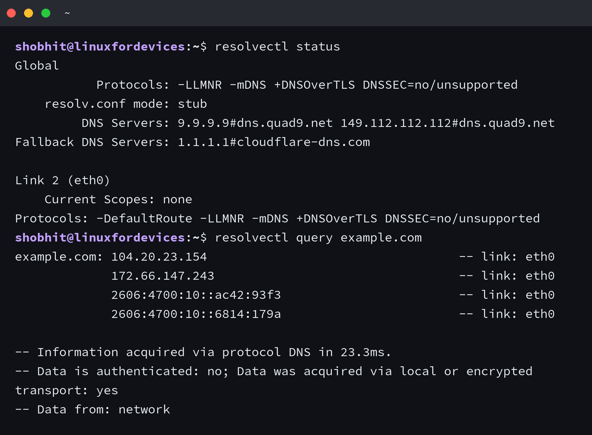 resolvectl status with DNSOverTLS enabled and a query reporting encrypted transport