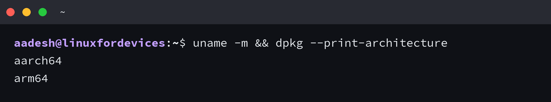 Terminal output showing aarch64 and arm64 architecture identifiers