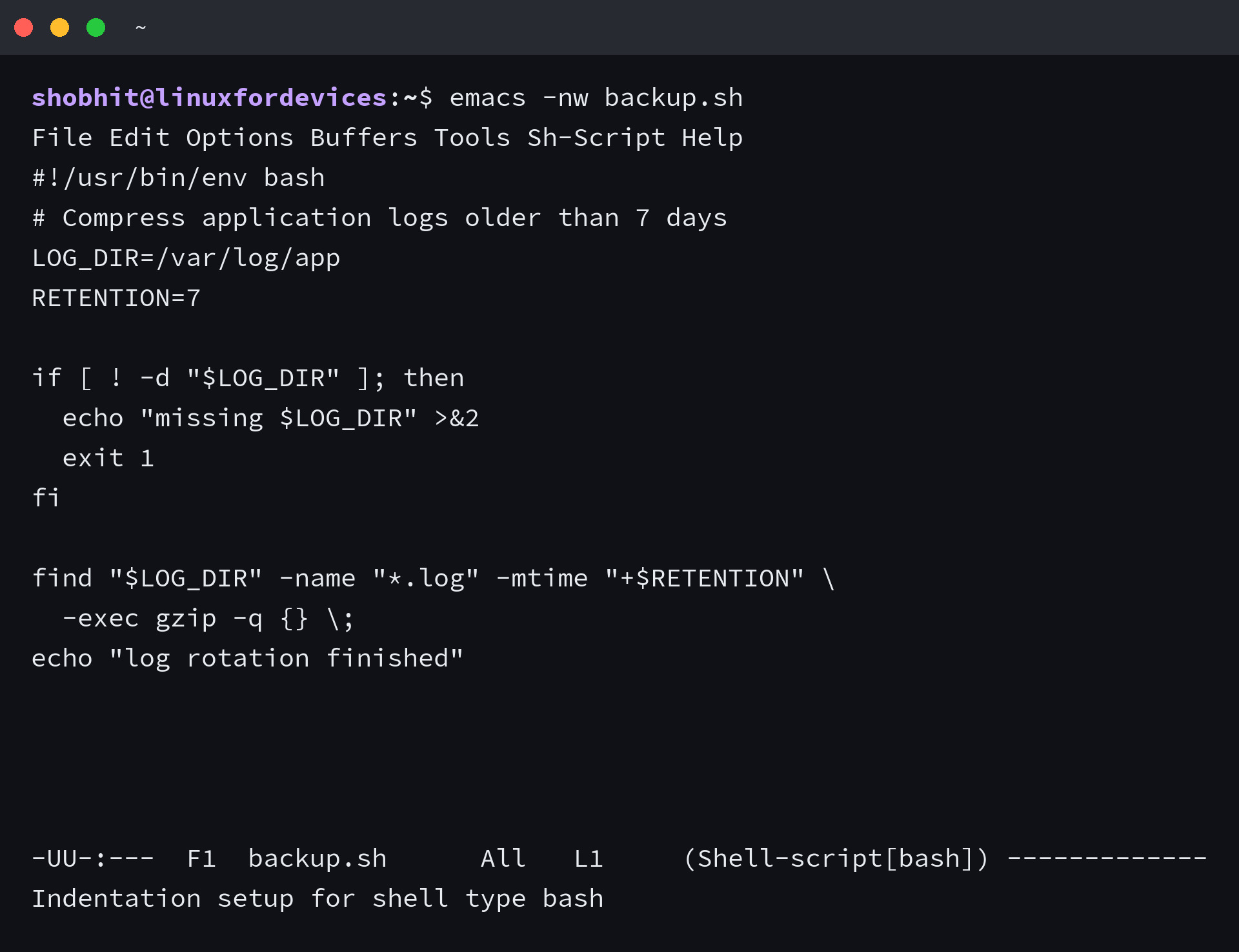 Emacs in terminal mode with the menu bar, the Shell-script mode line and the echo area