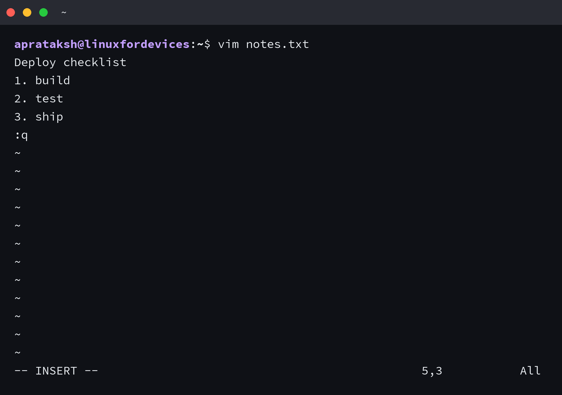 Vim buffer showing the characters :q inserted into the first line, with -- INSERT -- on the status line