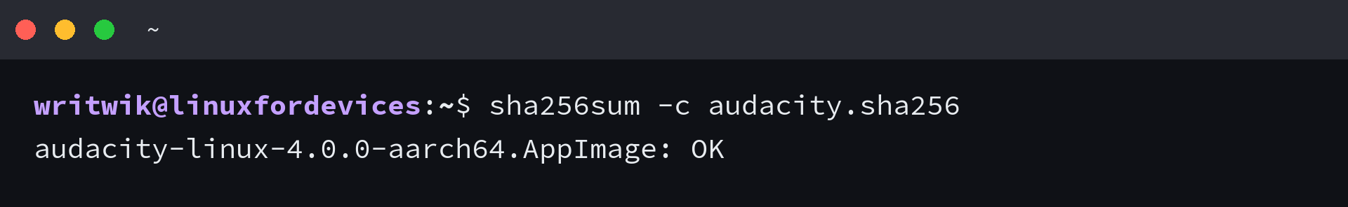 Terminal output of sha256sum verifying the Audacity AppImage against the checksum published with the release