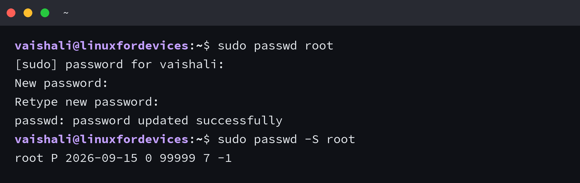 sudo passwd root completing in a normal admin session and sudo passwd -S root reporting the account in state P