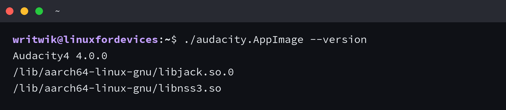 Terminal output of the Audacity AppImage starting and printing version 4.0.0