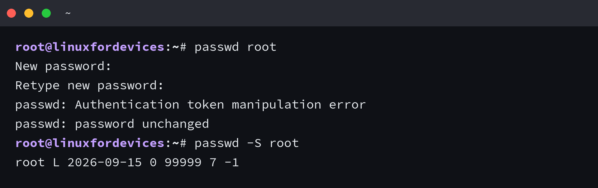 passwd root failing with Authentication token manipulation error on a read-only root filesystem, and passwd -S root still reporting the account locked