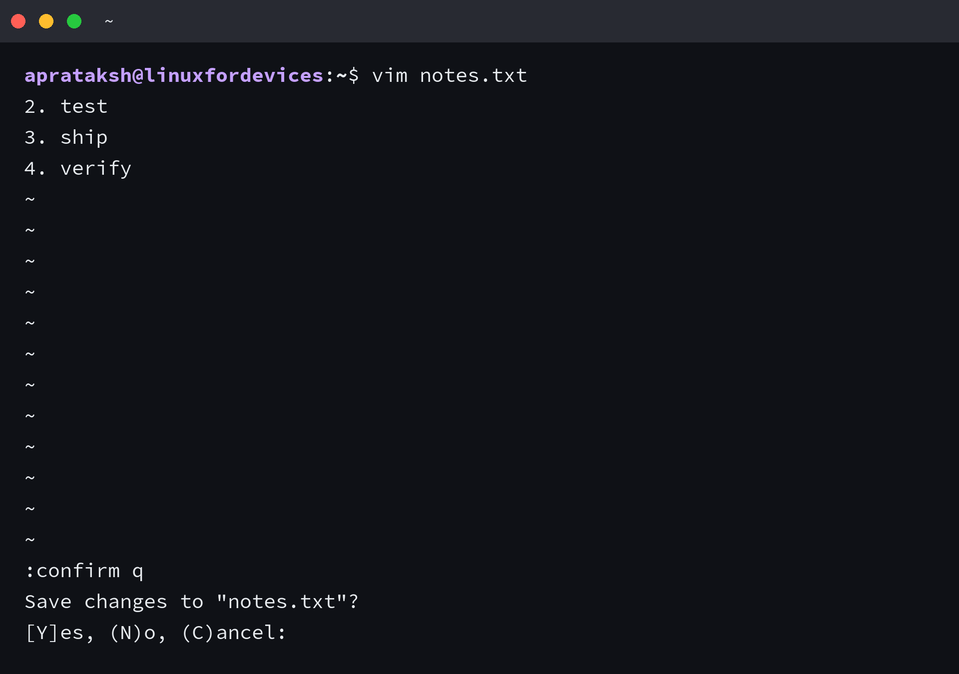 Vim asking Save changes to notes.txt with the choices Yes, No and Cancel