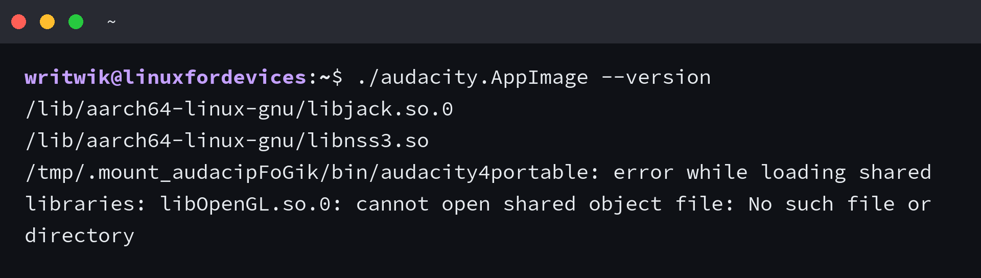 Terminal error showing the loader stopping the AppImage because libOpenGL.so.0 is missing