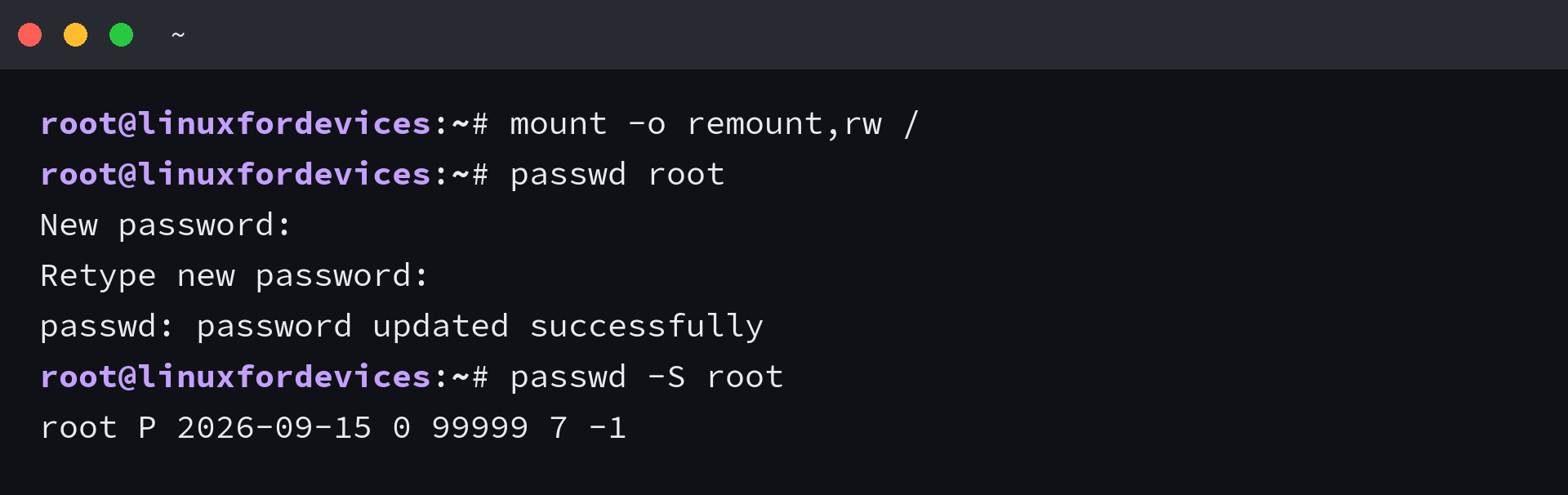 mount -o remount,rw / followed by passwd root succeeding in the recovery shell and passwd -S root reporting state P