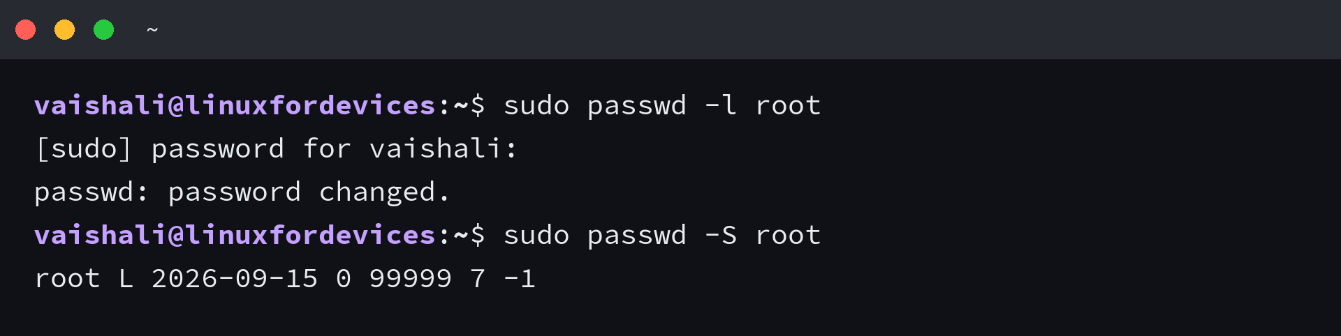 sudo passwd -l root locking the account and sudo passwd -S root reporting L again