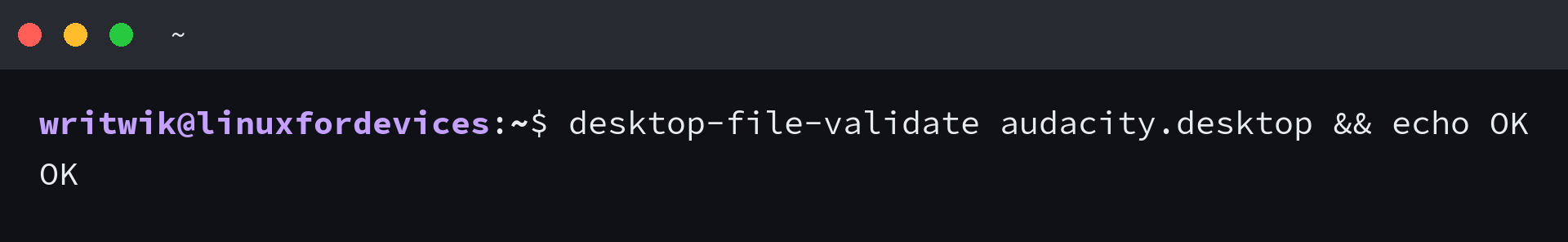 Terminal output of desktop-file-validate confirming that the desktop entry parses