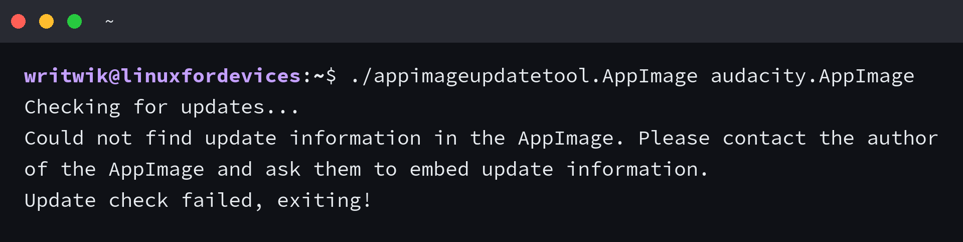 Terminal output of appimageupdatetool reporting that the AppImage carries no update information