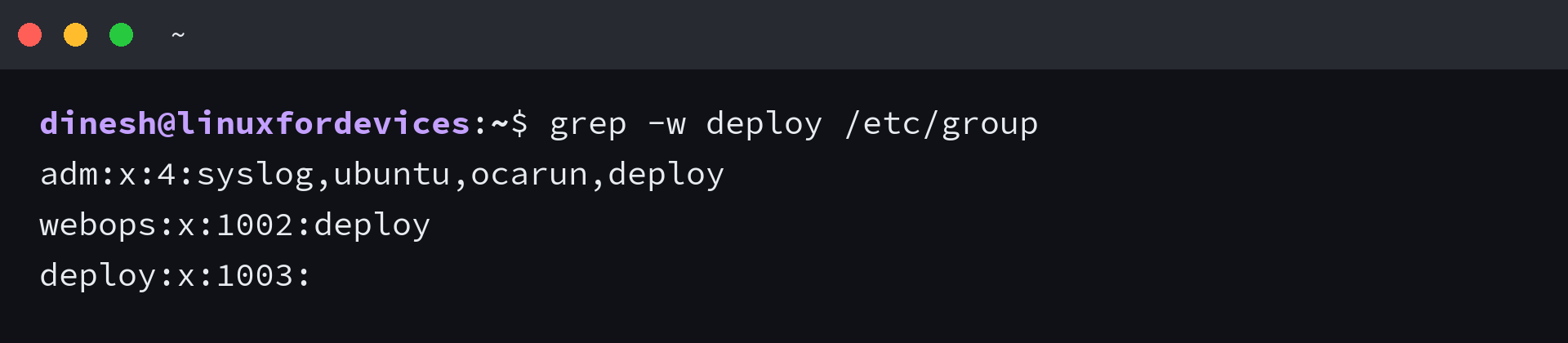 grep -w deploy against /etc/group matching a group name line and two member lines