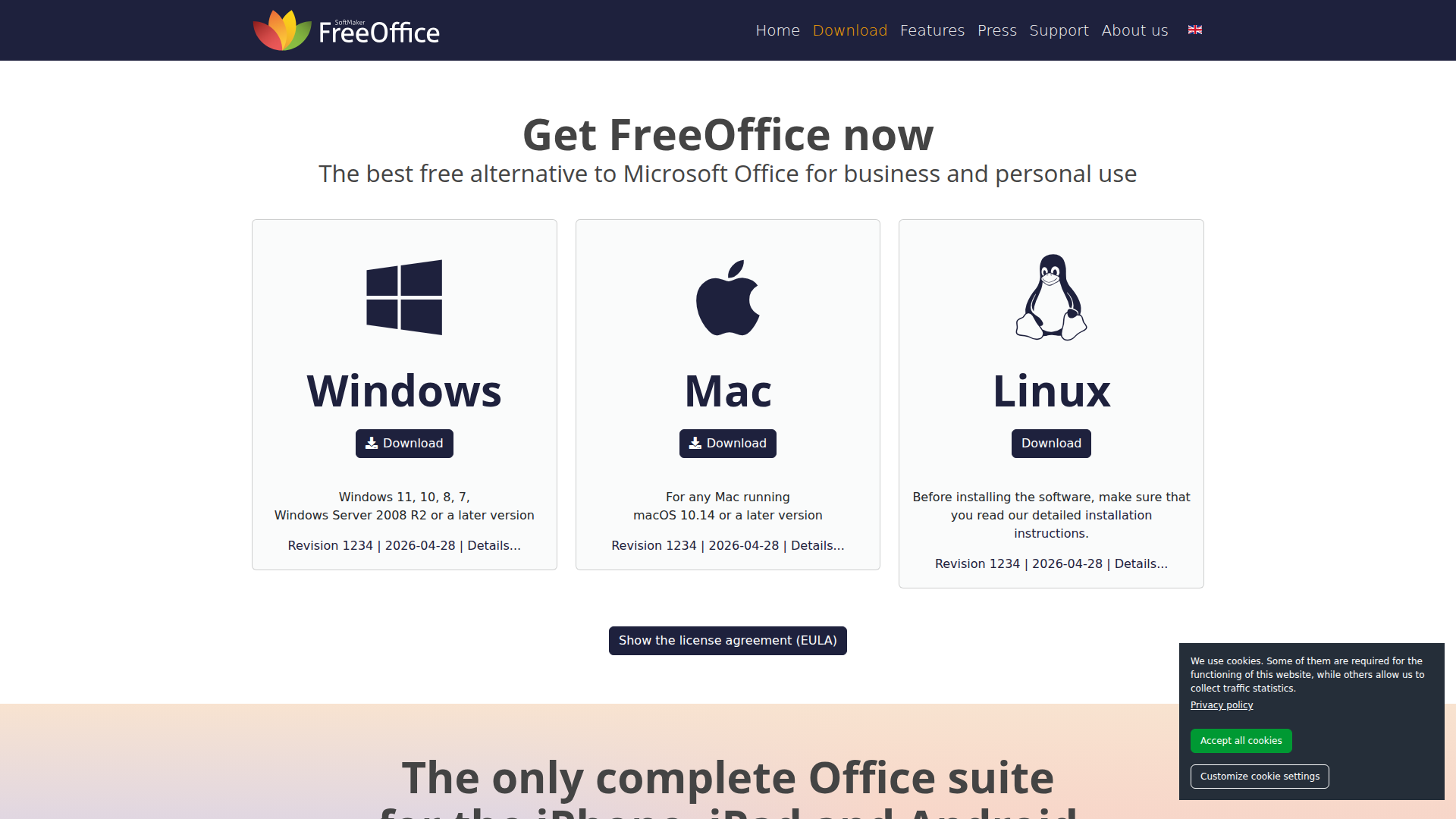 FreeOffice download page showing Linux packages at revision 1234