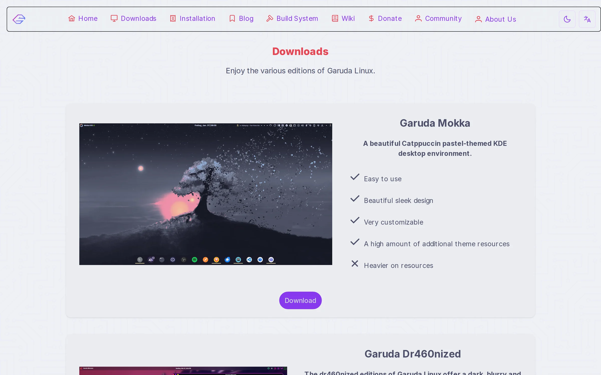Garuda Linux downloads page showing the Mokka KDE desktop edition