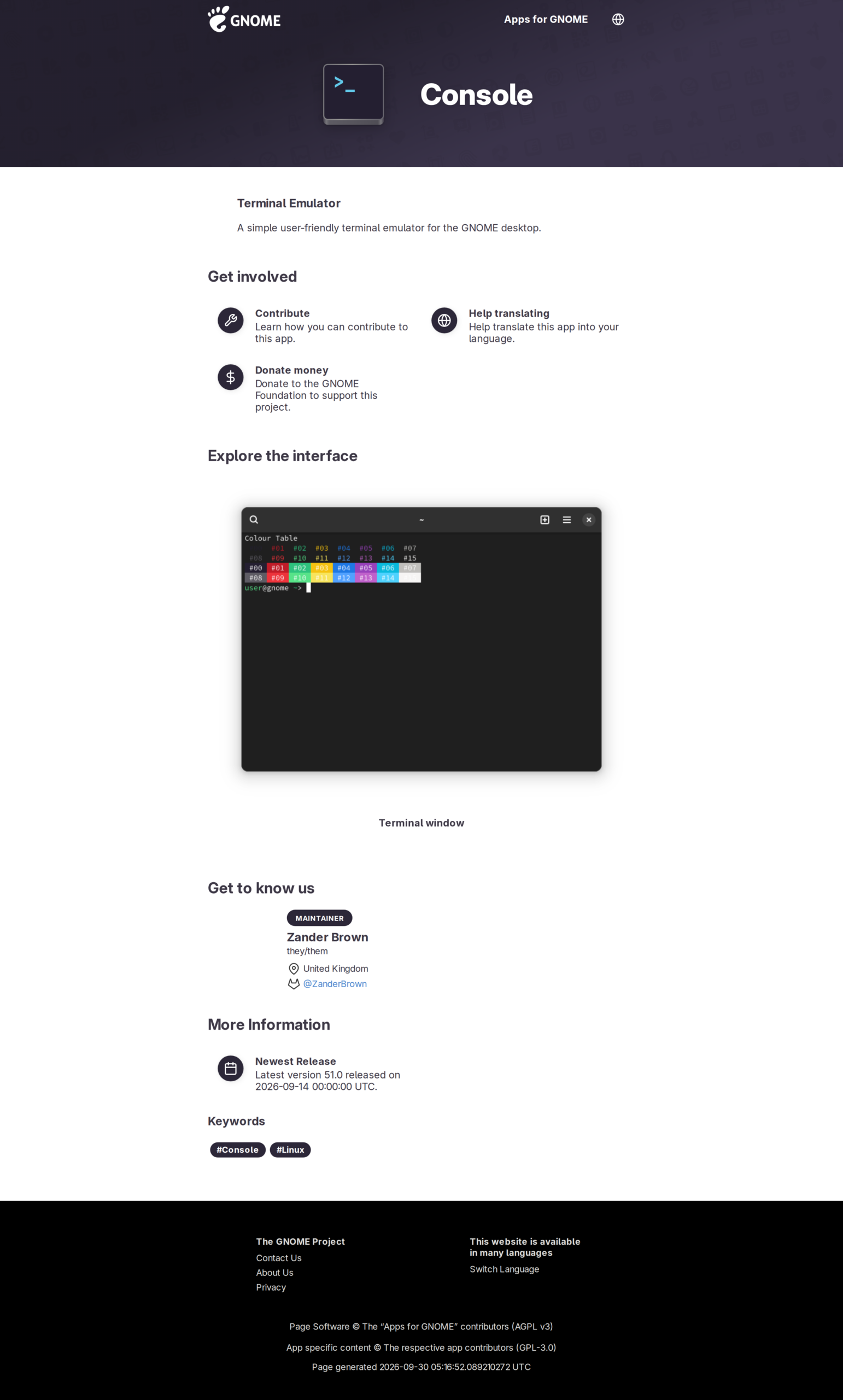 GNOME Console official page showing its terminal window and tab controls