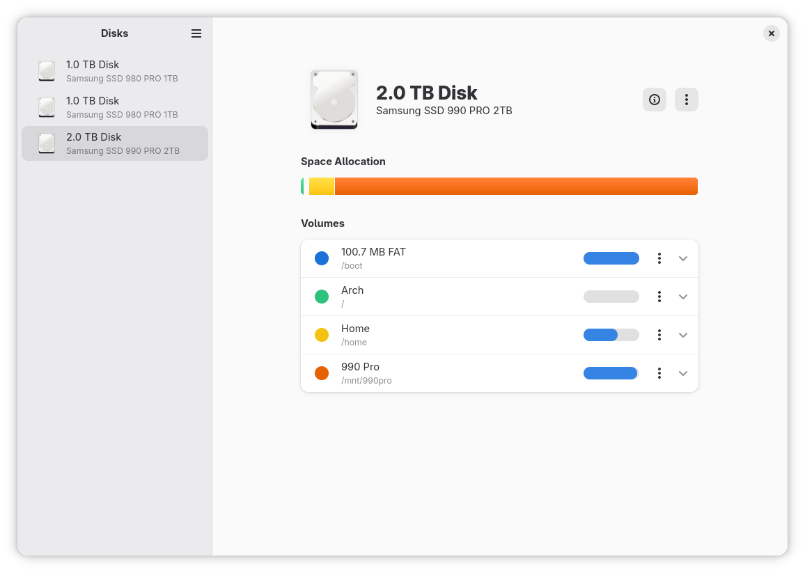 GNOME Disks showing disk space allocation and volumes