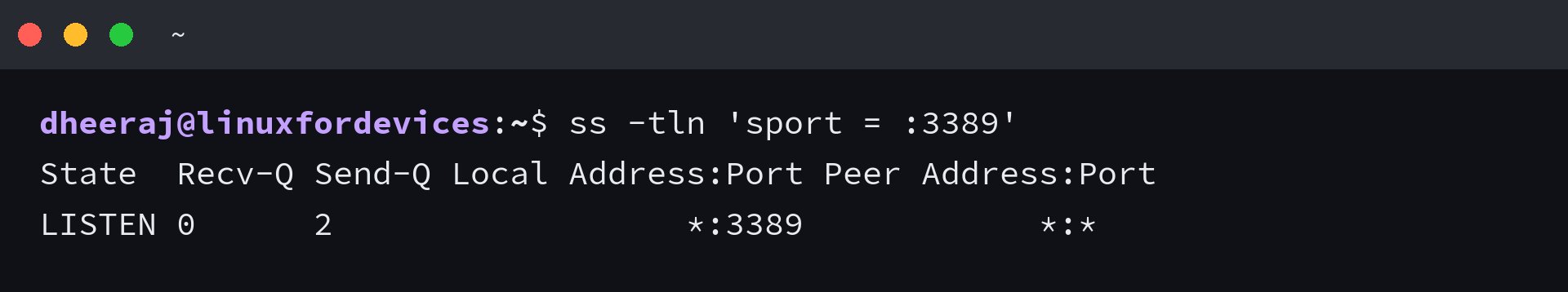 ss -tln filtered to port 3389 showing a listening socket owned by xrdp