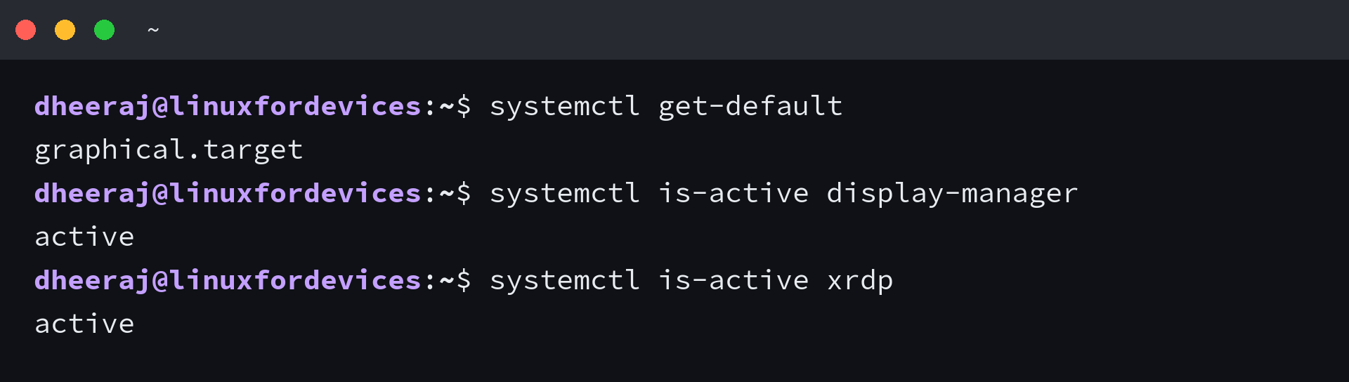 Terminal output showing graphical.target and then active for display-manager and active for xrdp