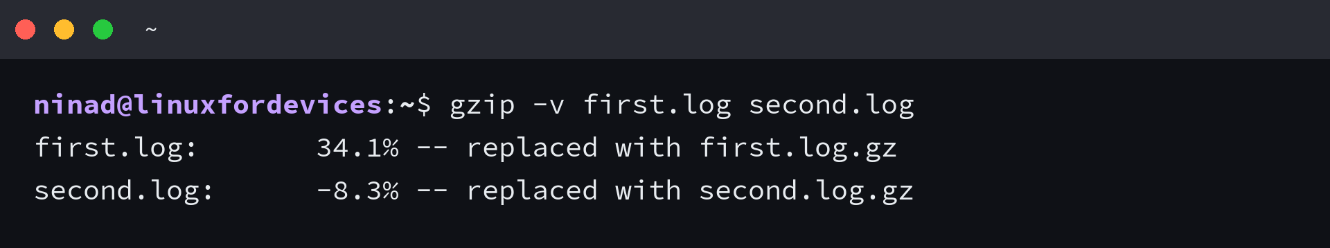 gzip -v reports separate outputs and shows that a small file can grow after compression