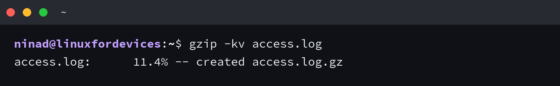gzip -kv reports that access.log.gz was created with an 11.4% reduction