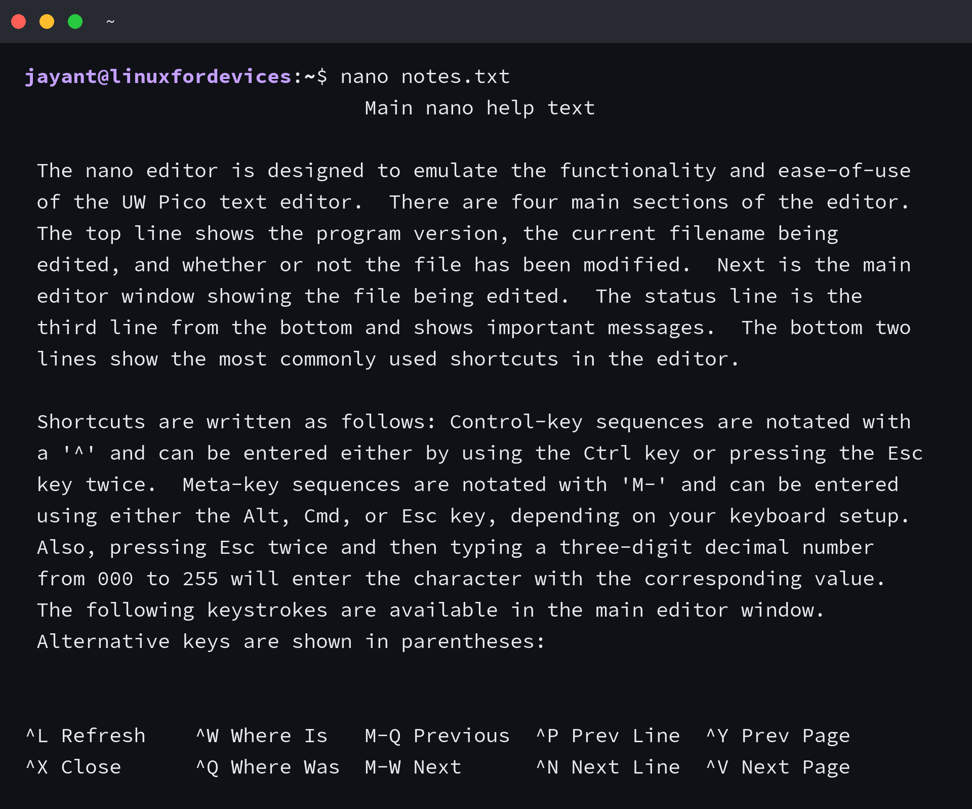 nano help screen listing the keystrokes of the installed build