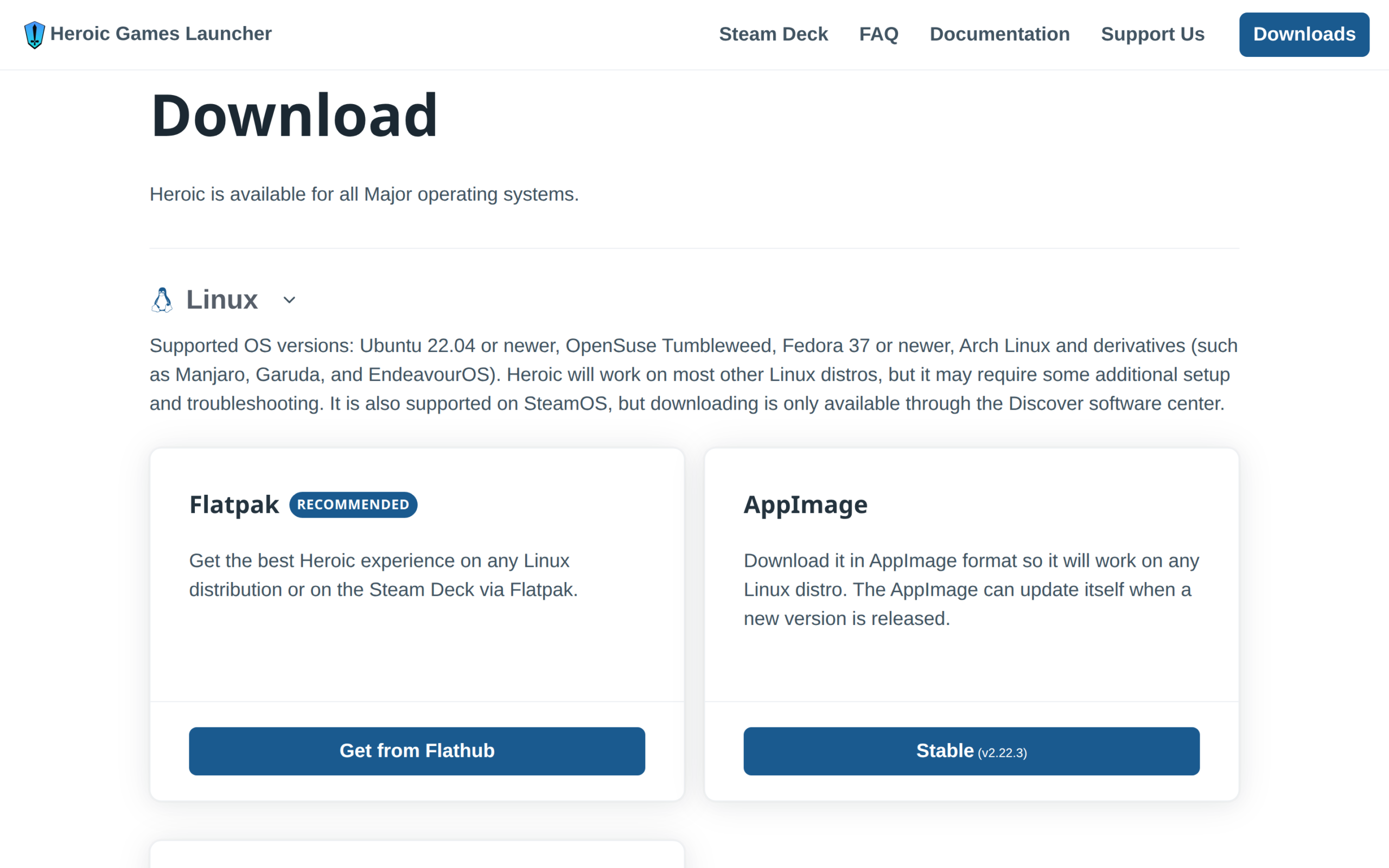 Heroic's official Linux download page marks Flatpak as recommended and shows AppImage as an alternative