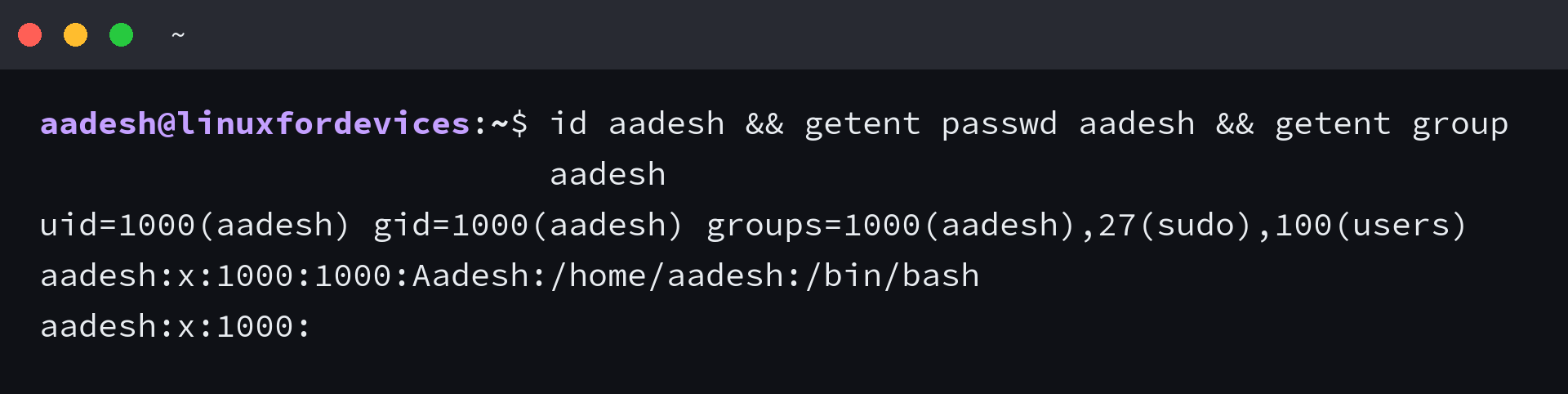 Ubuntu account verification showing login aadesh, UID 1000, GID 1000, and home directory /home/aadesh