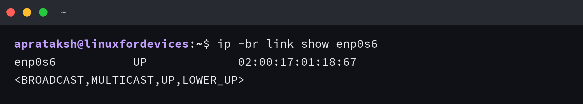 Terminal showing the enp0s6 interface in UP and LOWER_UP state