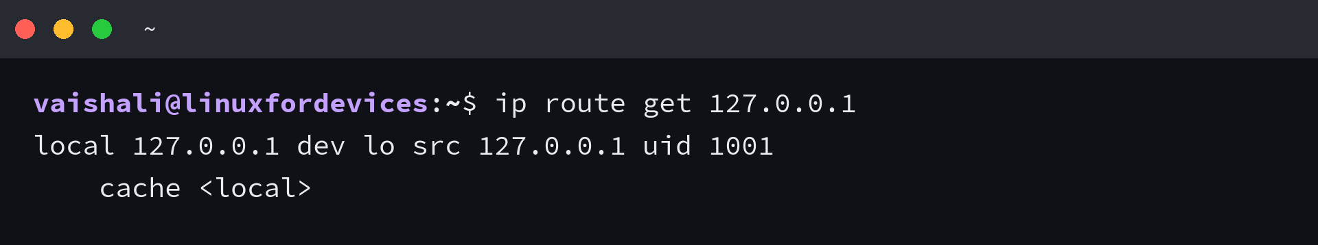 Terminal output showing the route to 127.0.0.1 uses the loopback interface