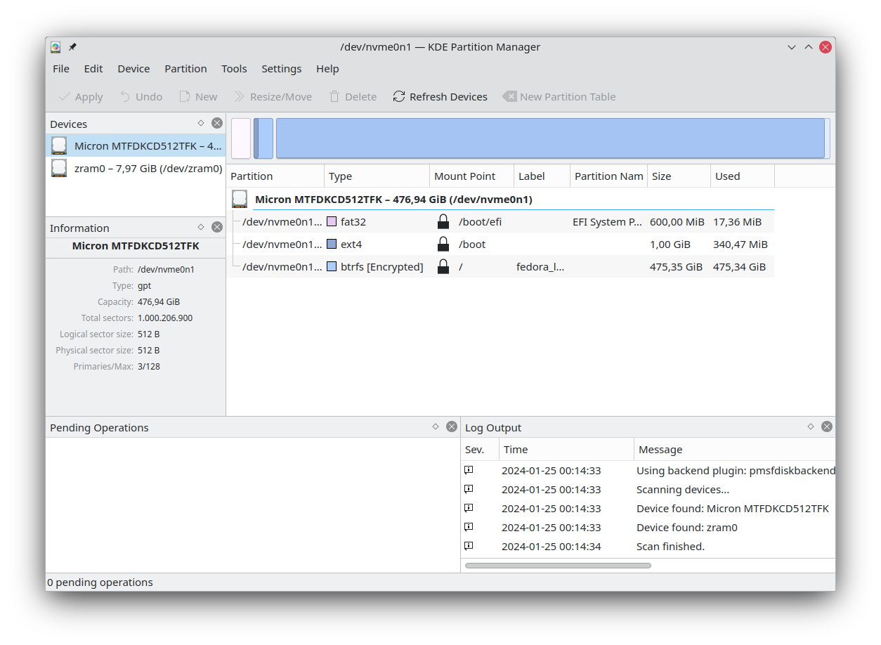 KDE Partition Manager window showing the device list and the partition actions toolbar
